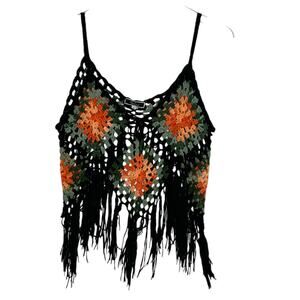 Vivid L Womens Crochet Fringe Floral Tank Hippie Boho Festival Black